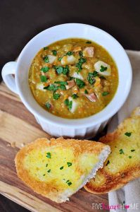 split pea soup, winter soup, garlic bread