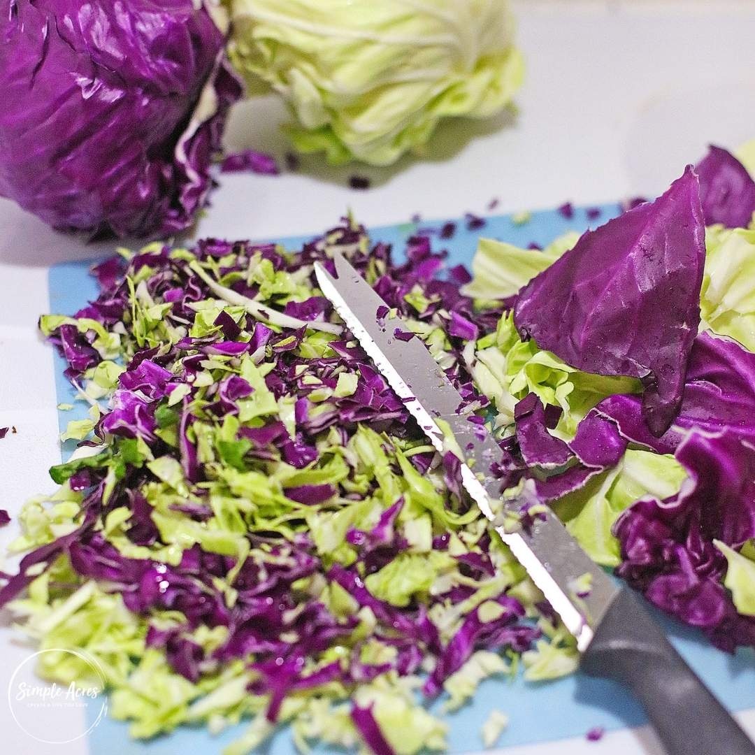 cutting cabbage for oriental chicken salad